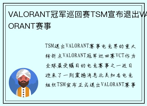 VALORANT冠军巡回赛TSM宣布退出VALORANT赛事