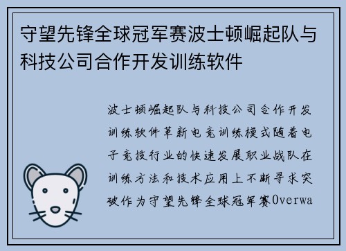 守望先锋全球冠军赛波士顿崛起队与科技公司合作开发训练软件